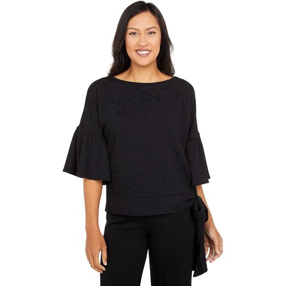 NWT MICHAEL Michael Kors Black Ruffled-Sleeve Tie-Side Pullover Blouse Top NEW - Picture 2 of 4